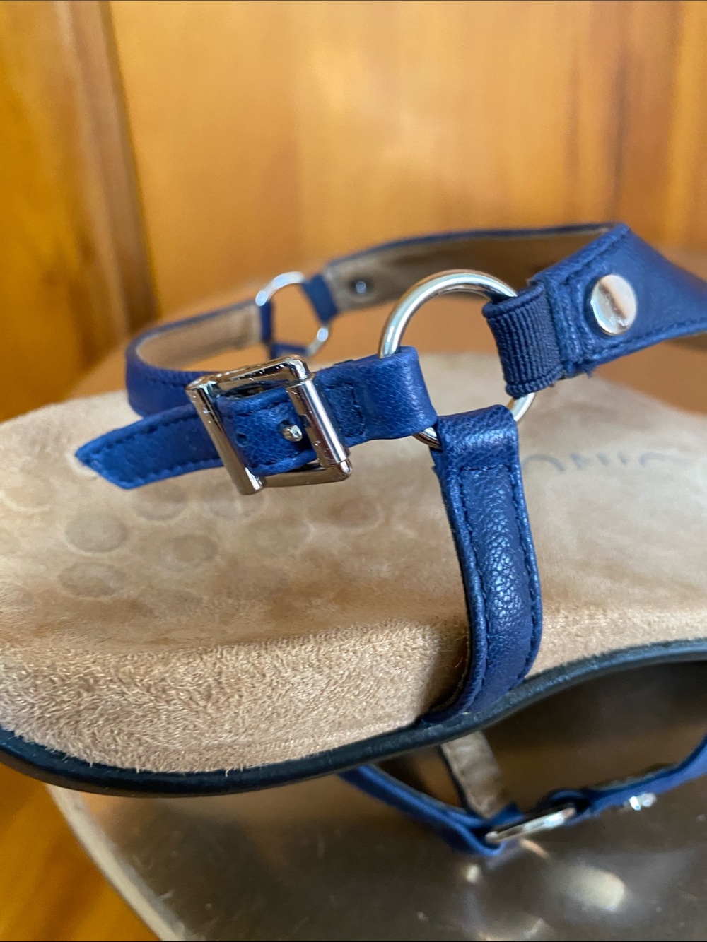 Vionic Kirra Navy Blue Leather Thong Sandals Silver Hardware Cushioned - Picture 4 of 8